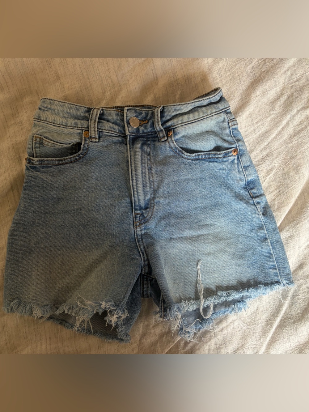 H&M Light Blue High-Rise Frayed Denim Shorts